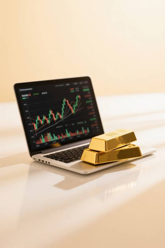 笔记本电脑与金条的商务场景图片