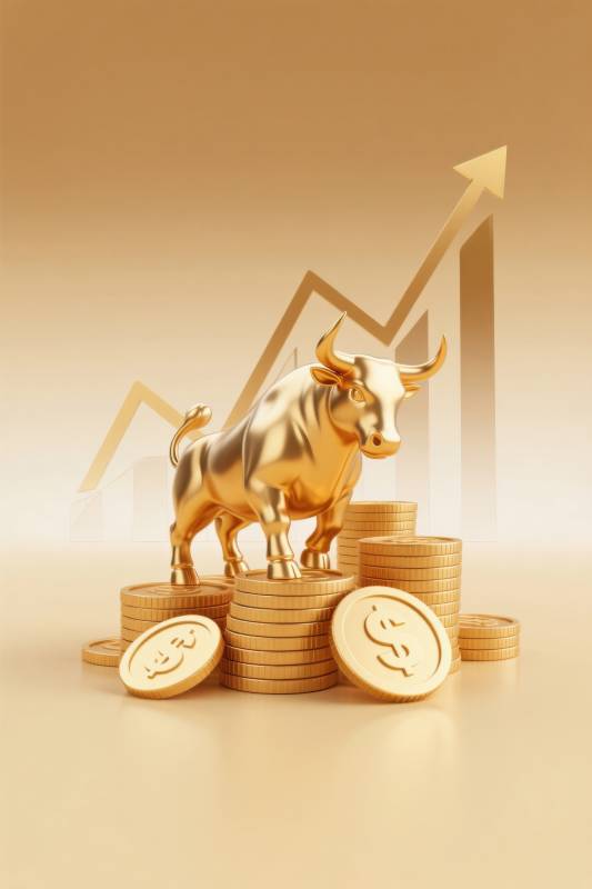 金色公牛与美元硬币图片