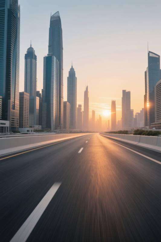 城市公路日出高楼图片