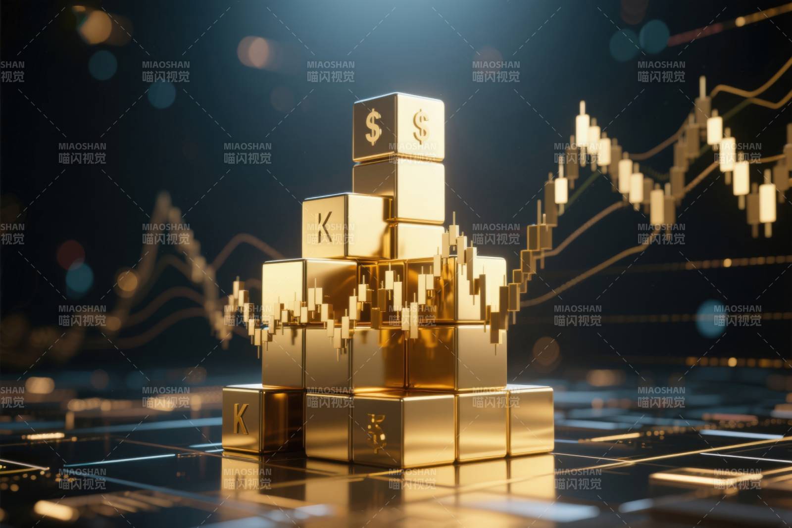 金色方块与金融图表图片