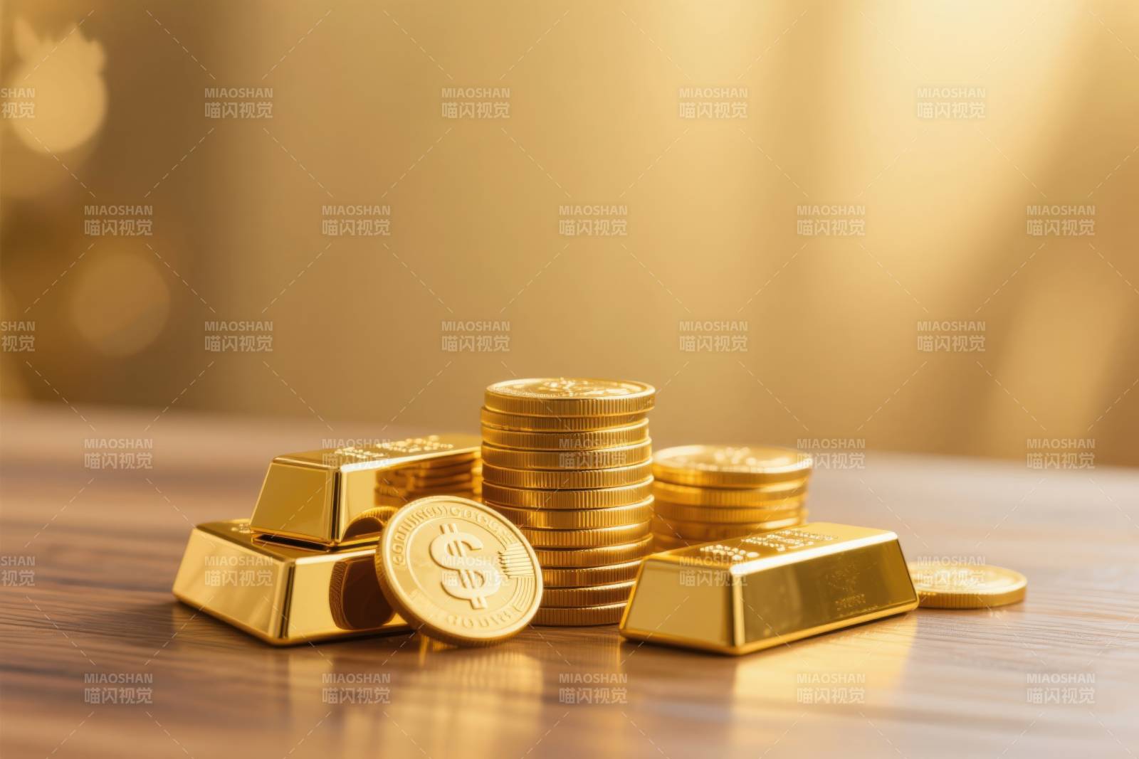 金色金币与金条的财富象征图片