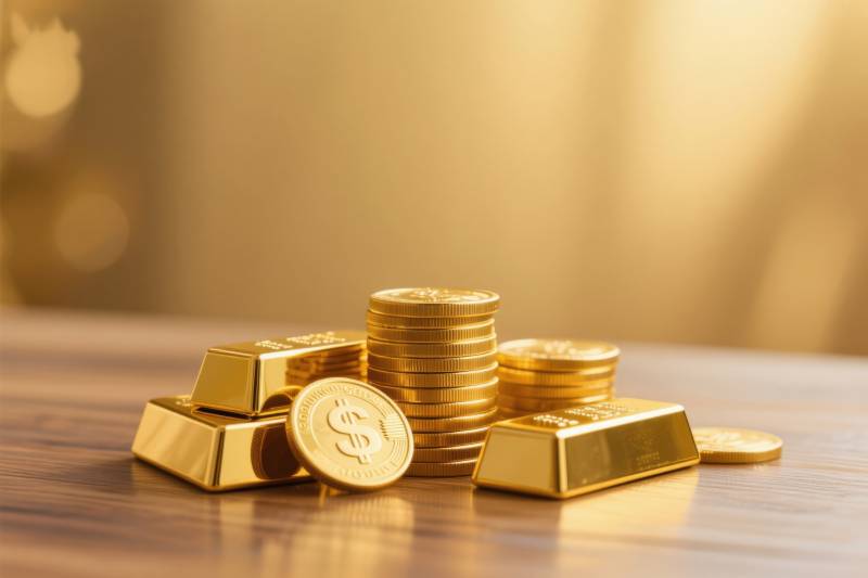 金色金币与金条的财富象征图片