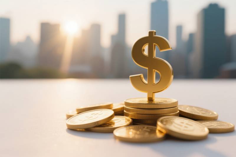 美元符号与金币城市背景图片