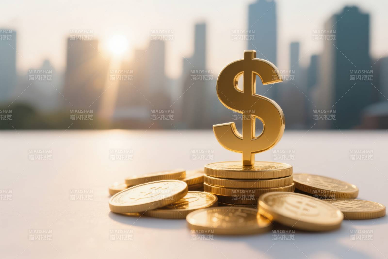 美元符号与金币城市背景图片