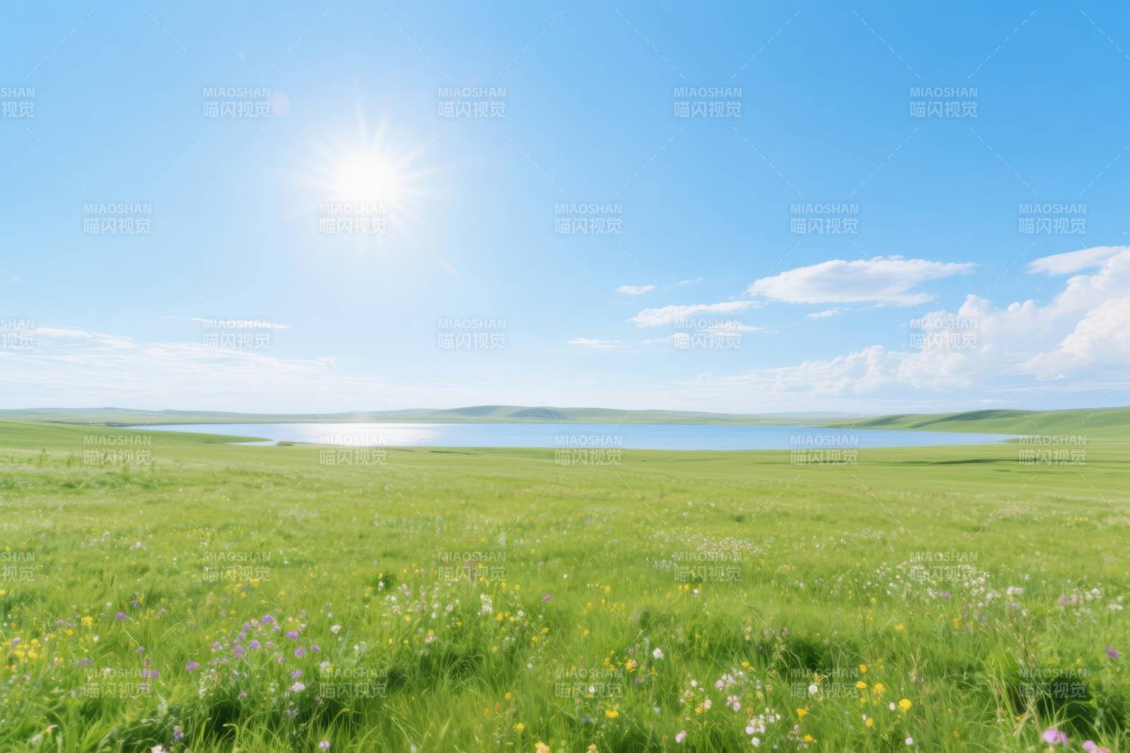 草原湖泊阳光明媚图片