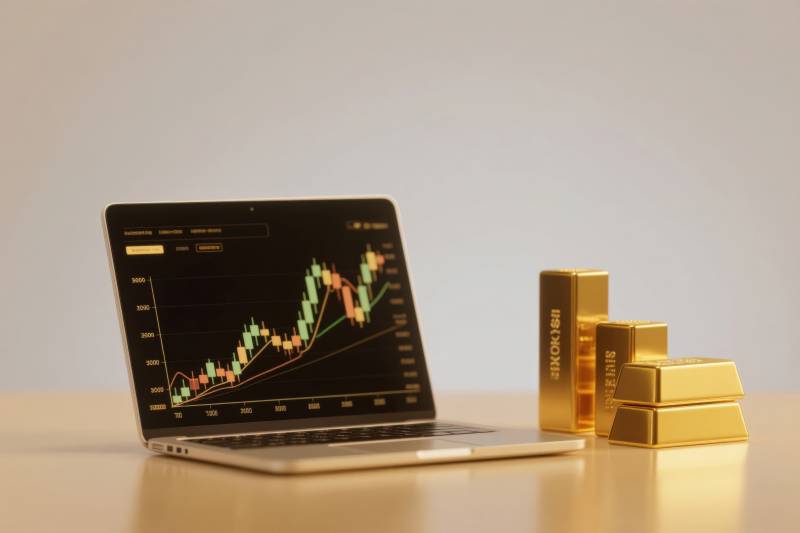 笔记本电脑与金条的商务场景图片