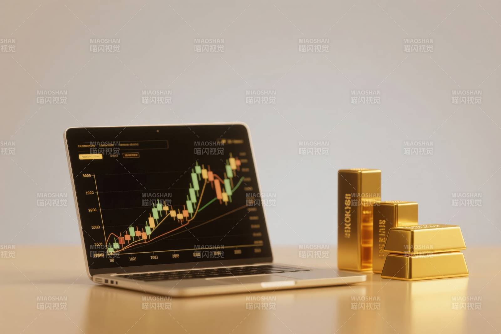 笔记本电脑与金条的商务场景图片