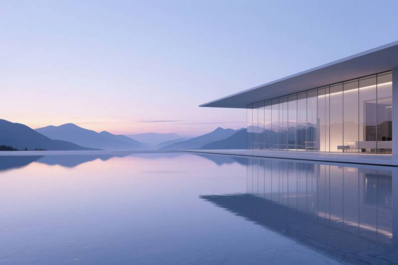 极简建筑与山水倒影图片