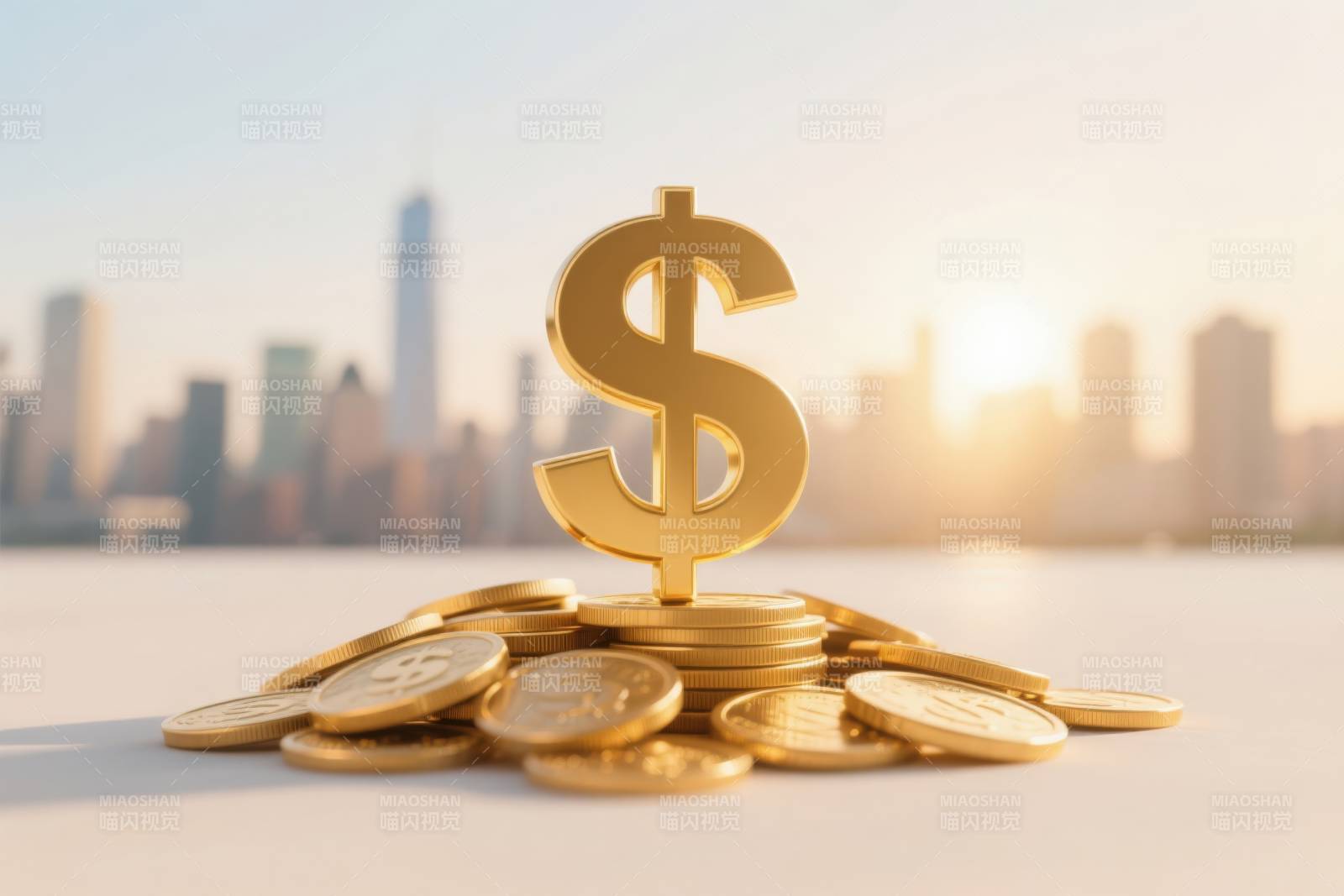美元符号与金币城市背景图片