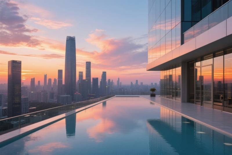 城市天际线日落泳池图片