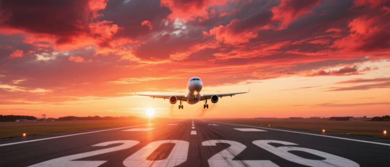 飞机日落跑道起飞图片