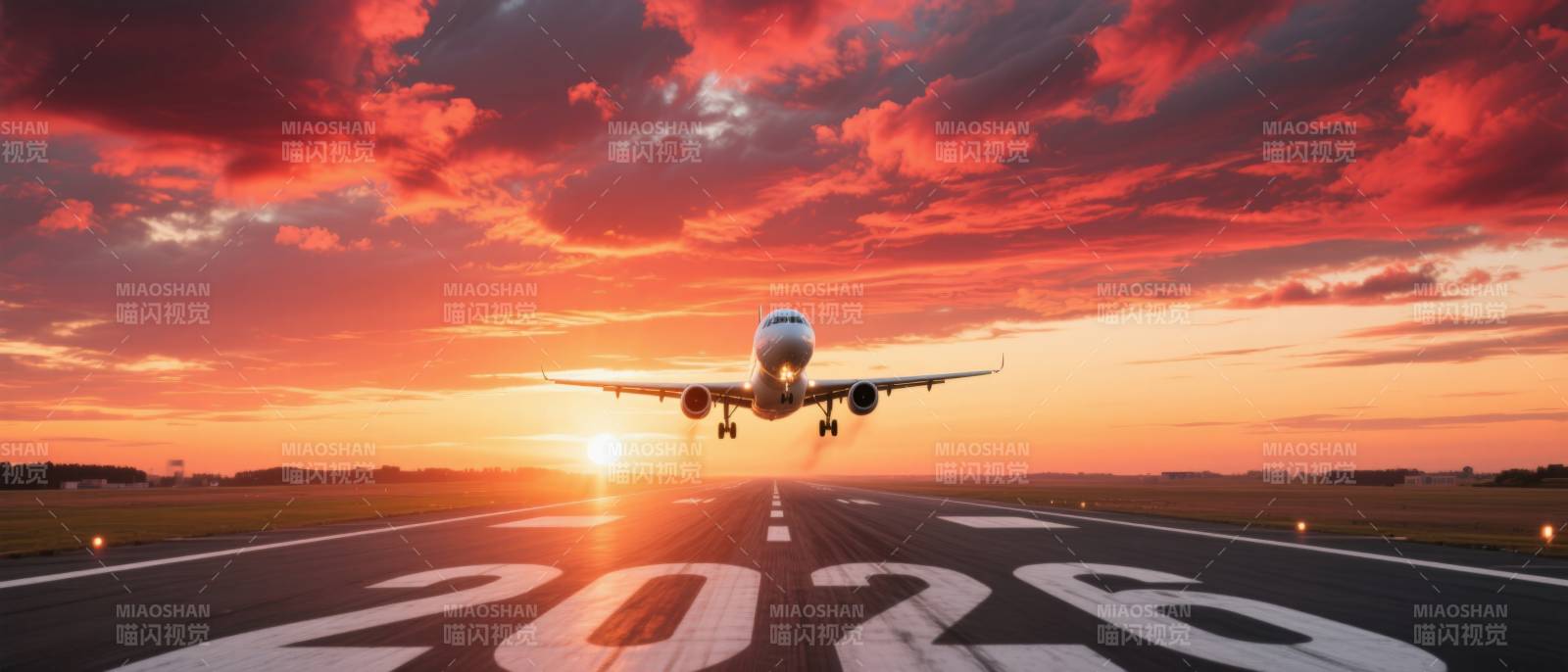 飞机日落跑道起飞图片