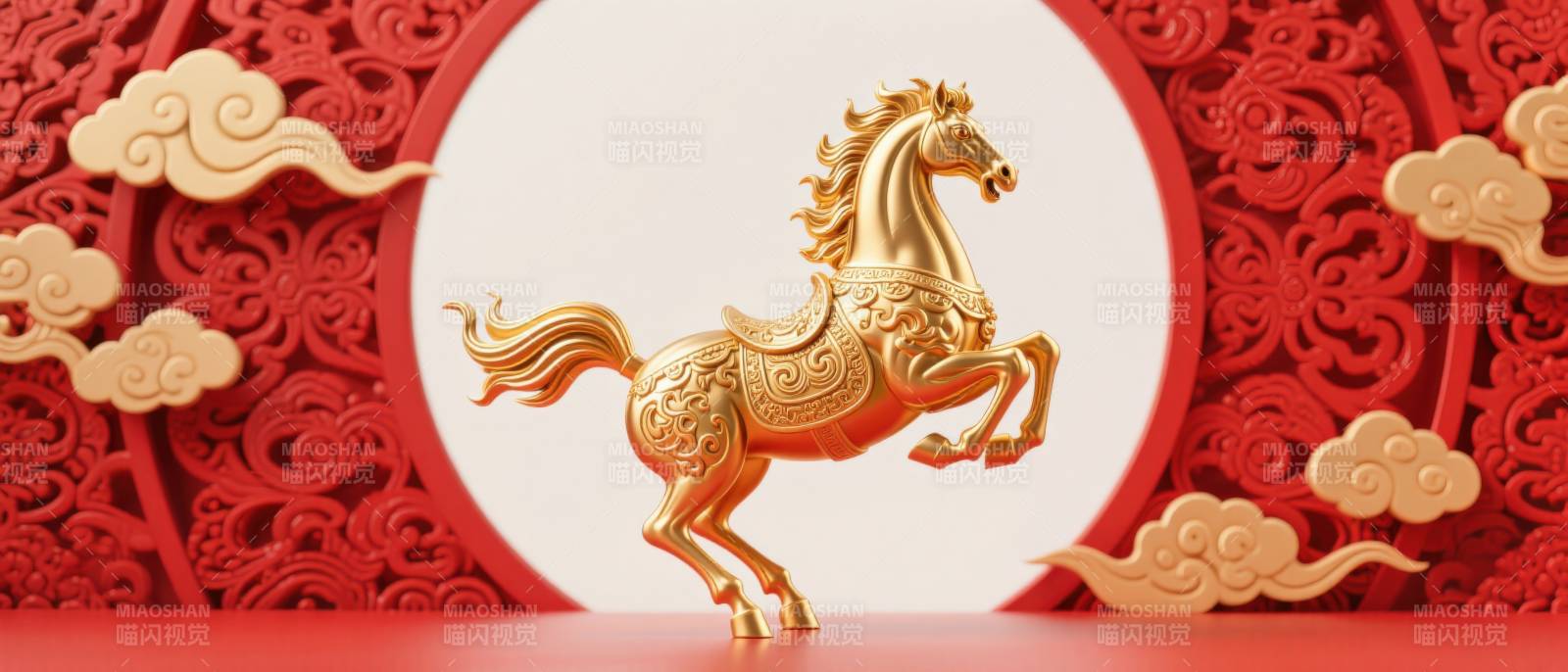 金色骏马红色背景图片