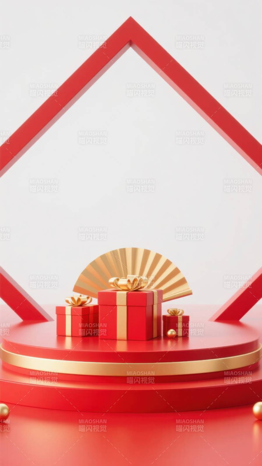 红色礼盒与金色扇子装饰图片