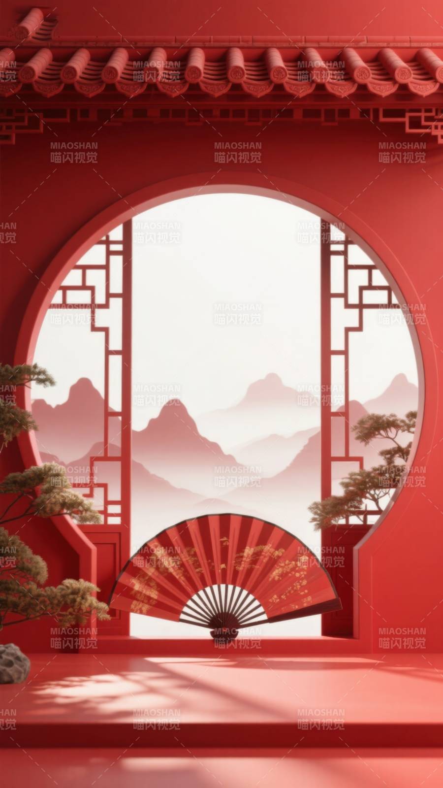 红色中式园林扇子风景图片