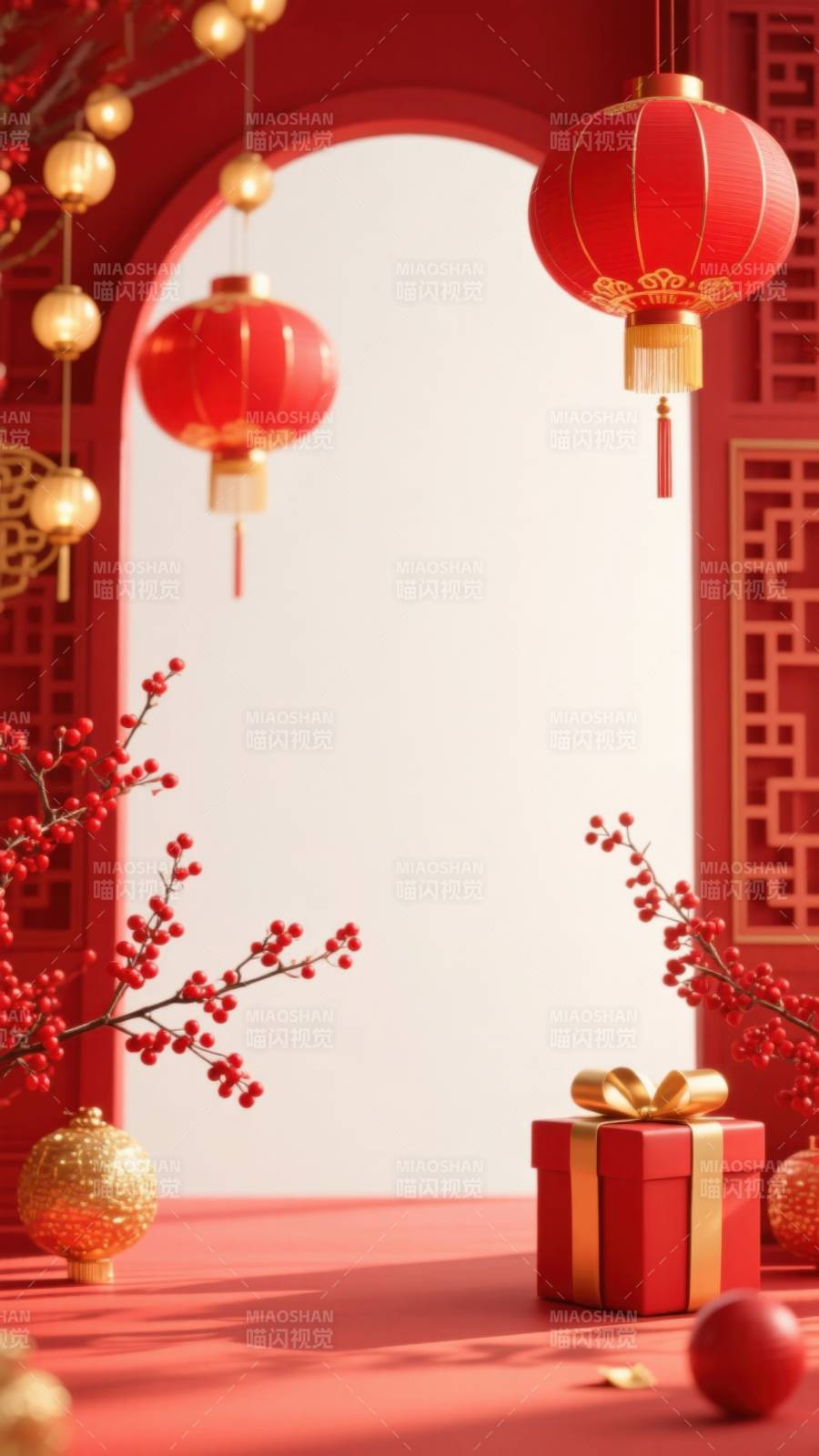 新年红色灯笼与礼物图片