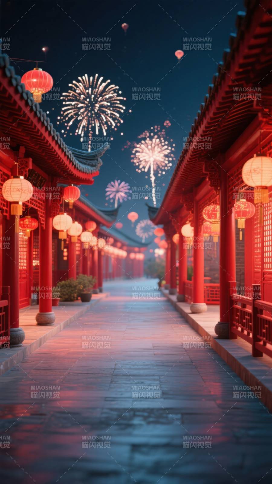 古建筑长廊烟花夜景图片
