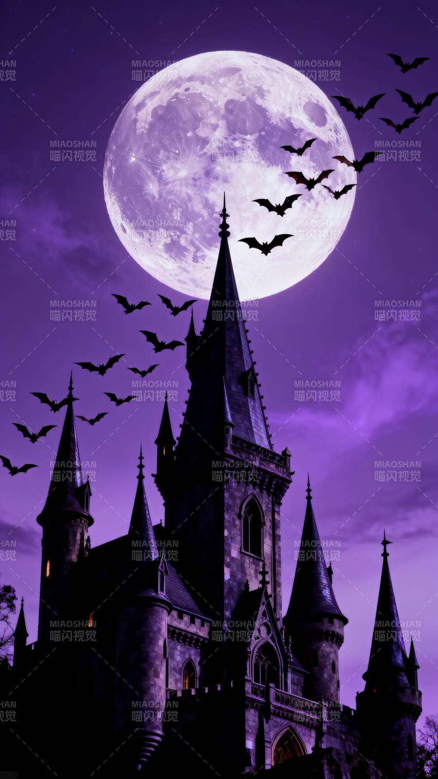 紫色月夜古堡与飞 bat图片