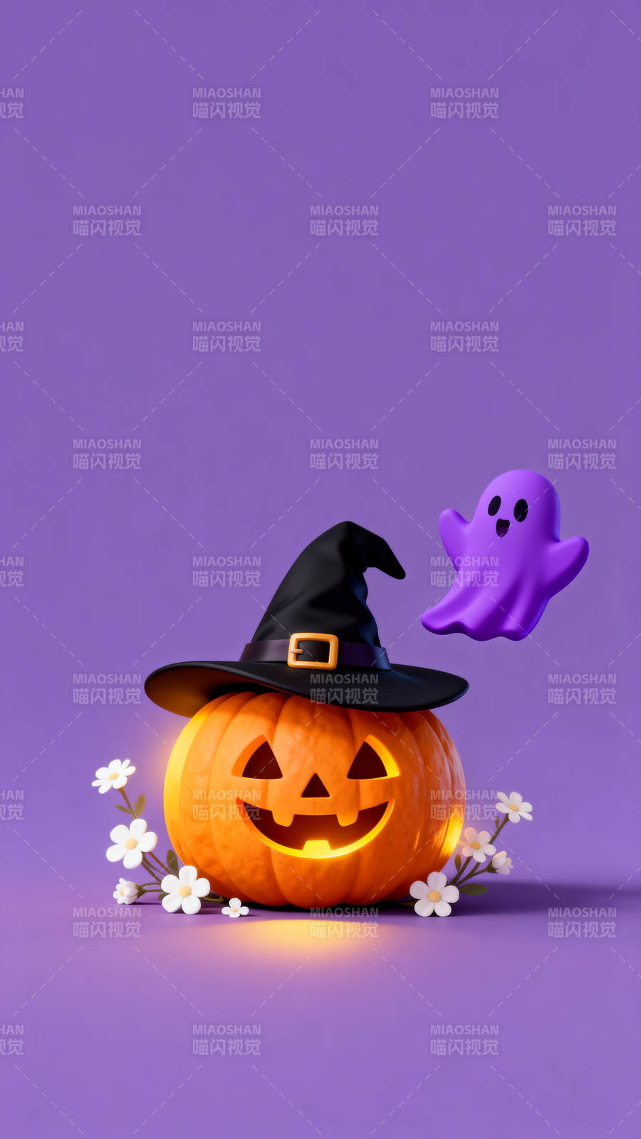 万圣节南瓜灯与紫色幽灵图片