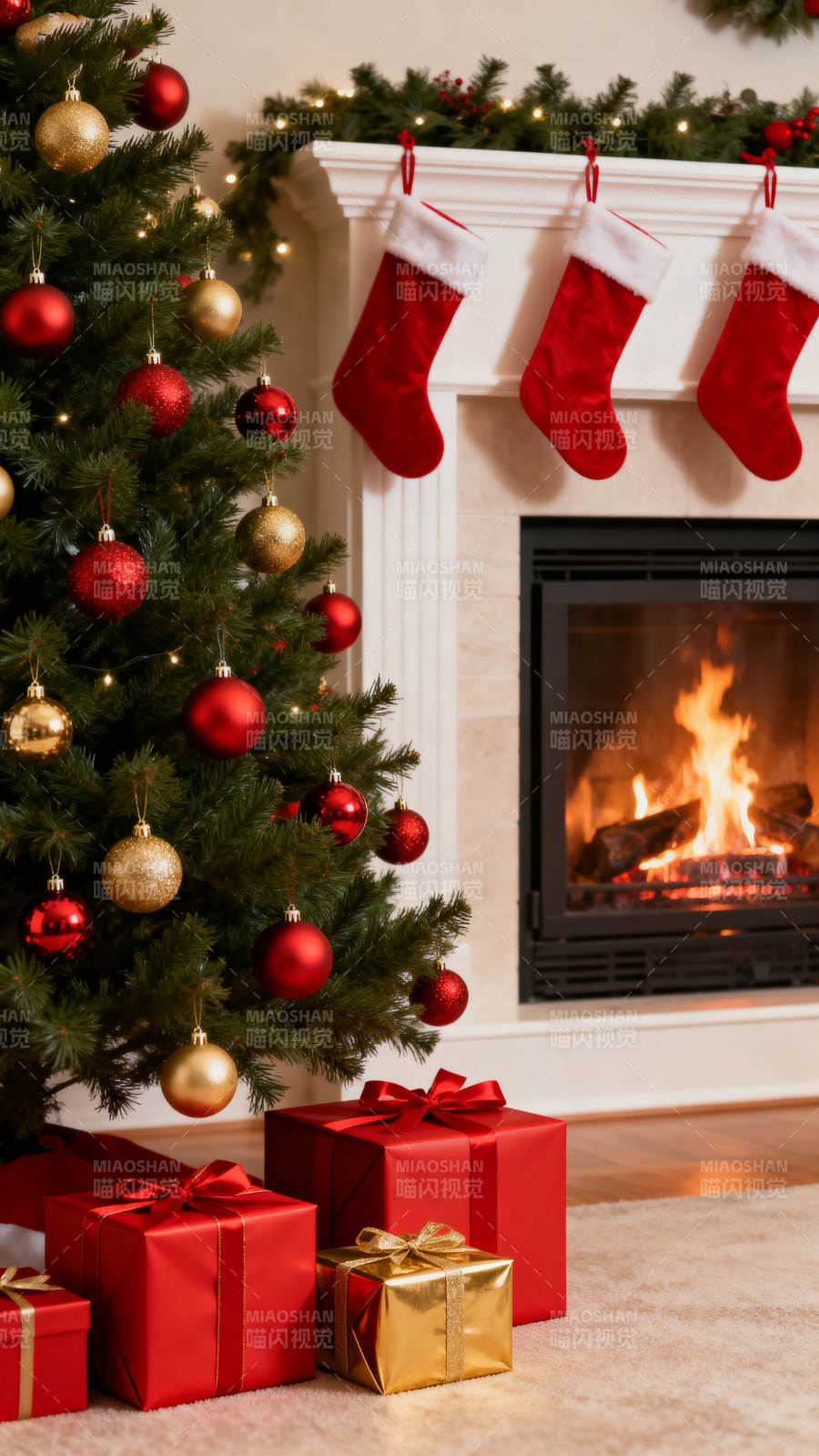 圣诞树与壁炉的节日氛围图片