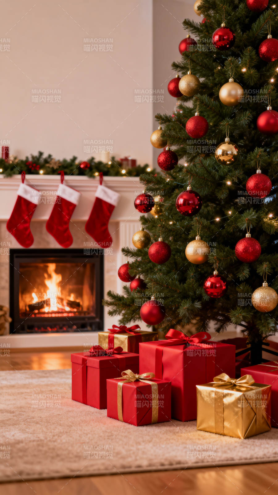 圣诞树与礼物的节日氛围图片