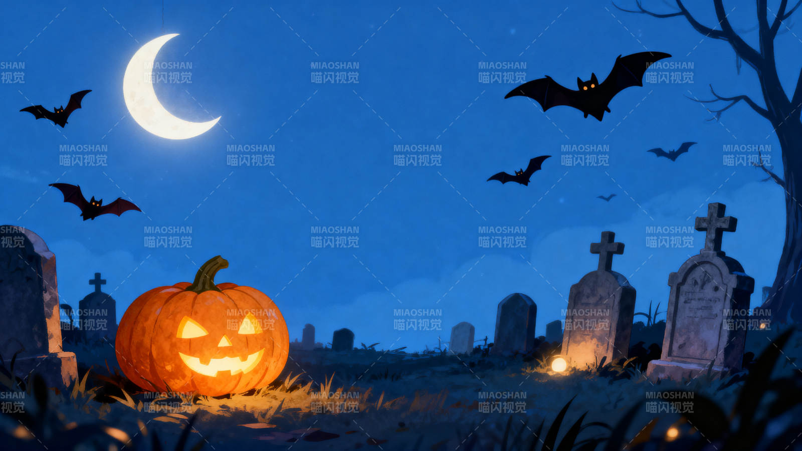 万圣节夜晚墓地南瓜灯图片