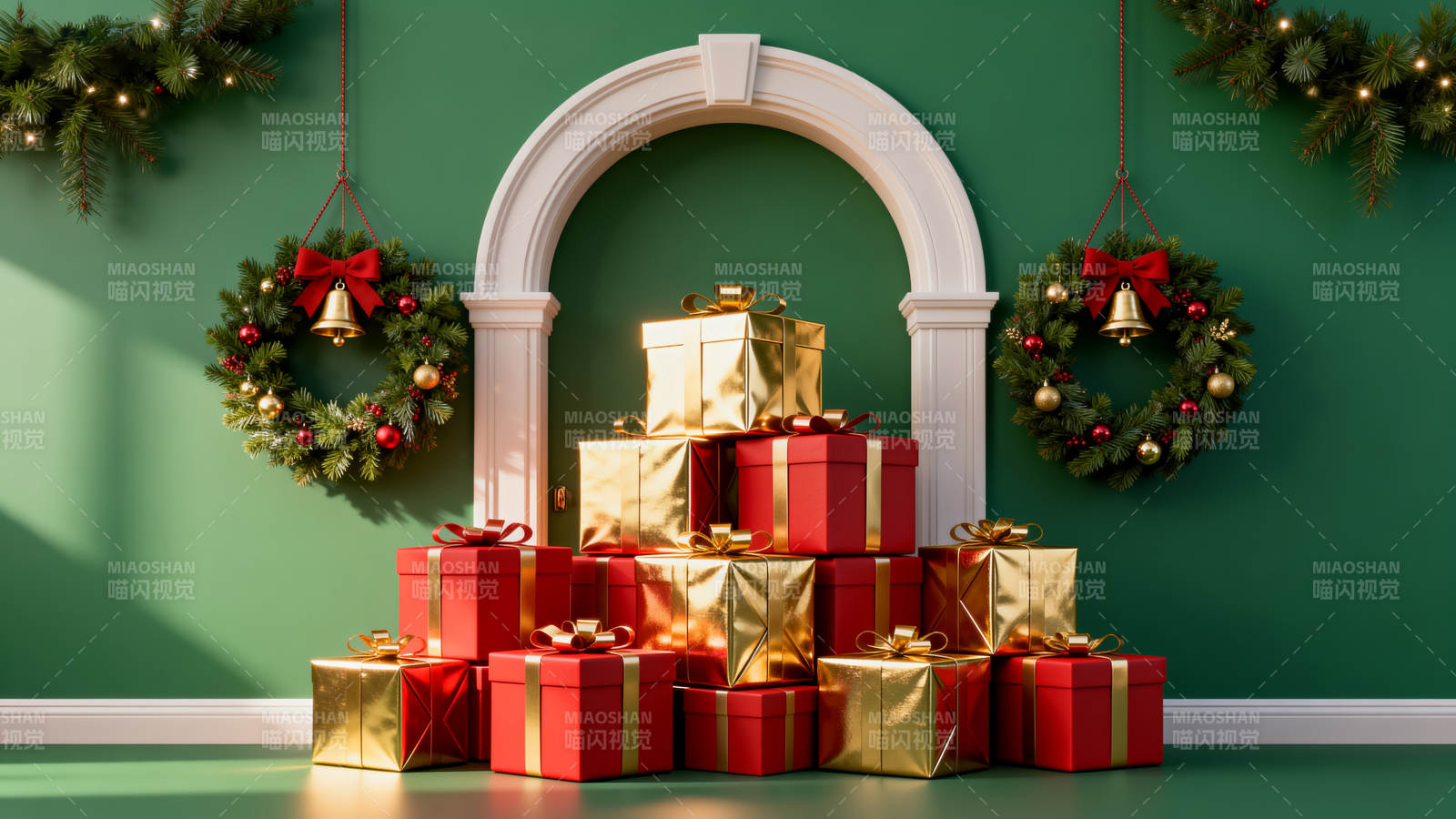 绿色背景圣诞礼物与花环图片