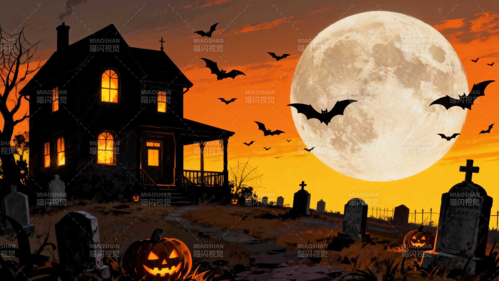 万圣节恐怖老屋与墓地图片