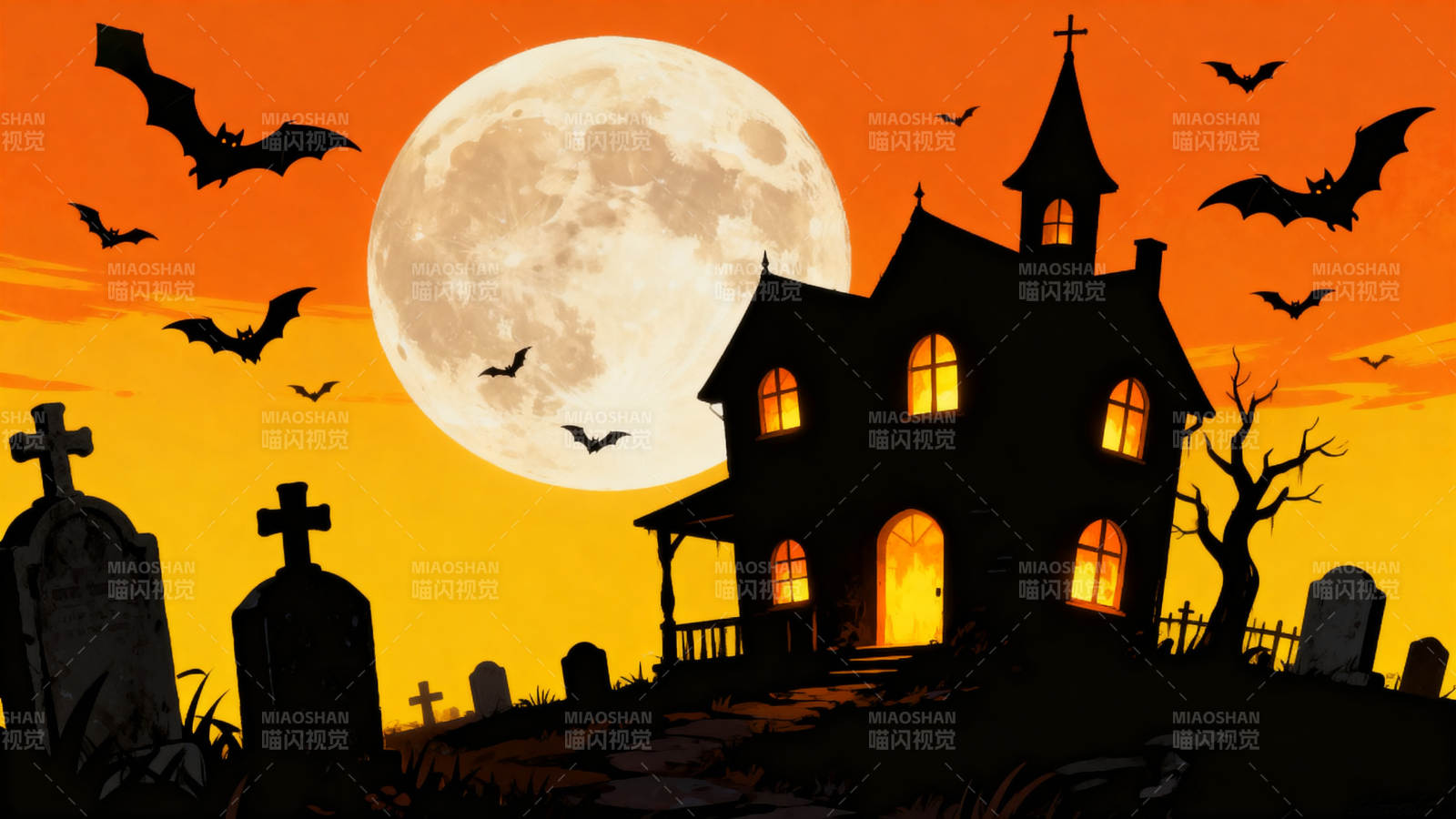万圣节恐怖鬼屋与满月图片