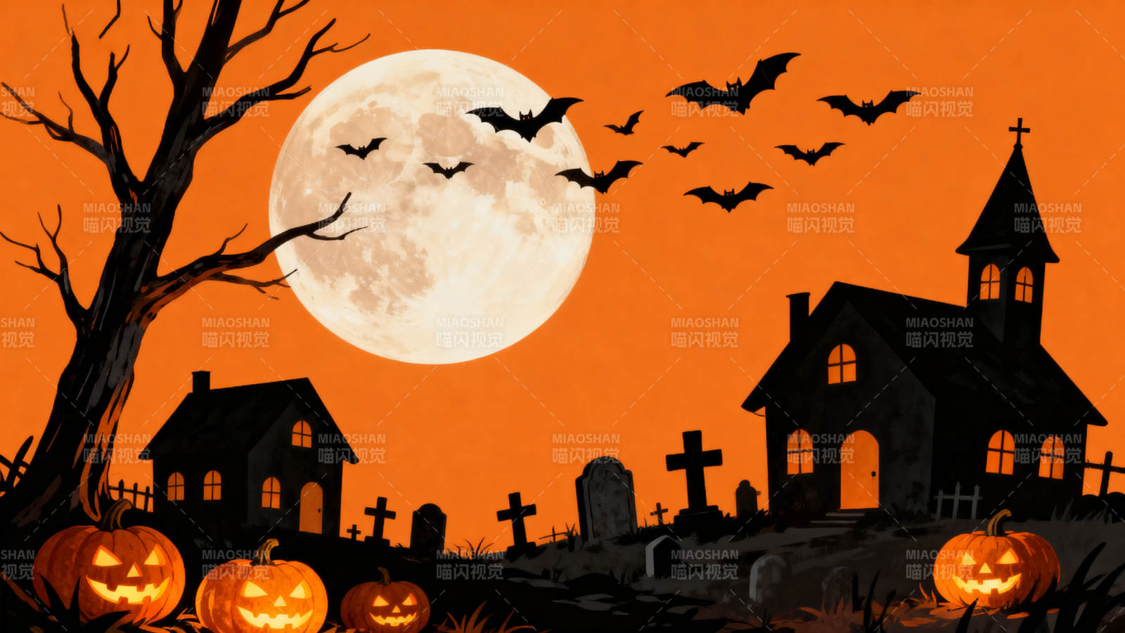 万圣节之夜南瓜灯与蝙蝠图片