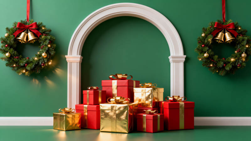 绿色背景圣诞礼物与花环图片