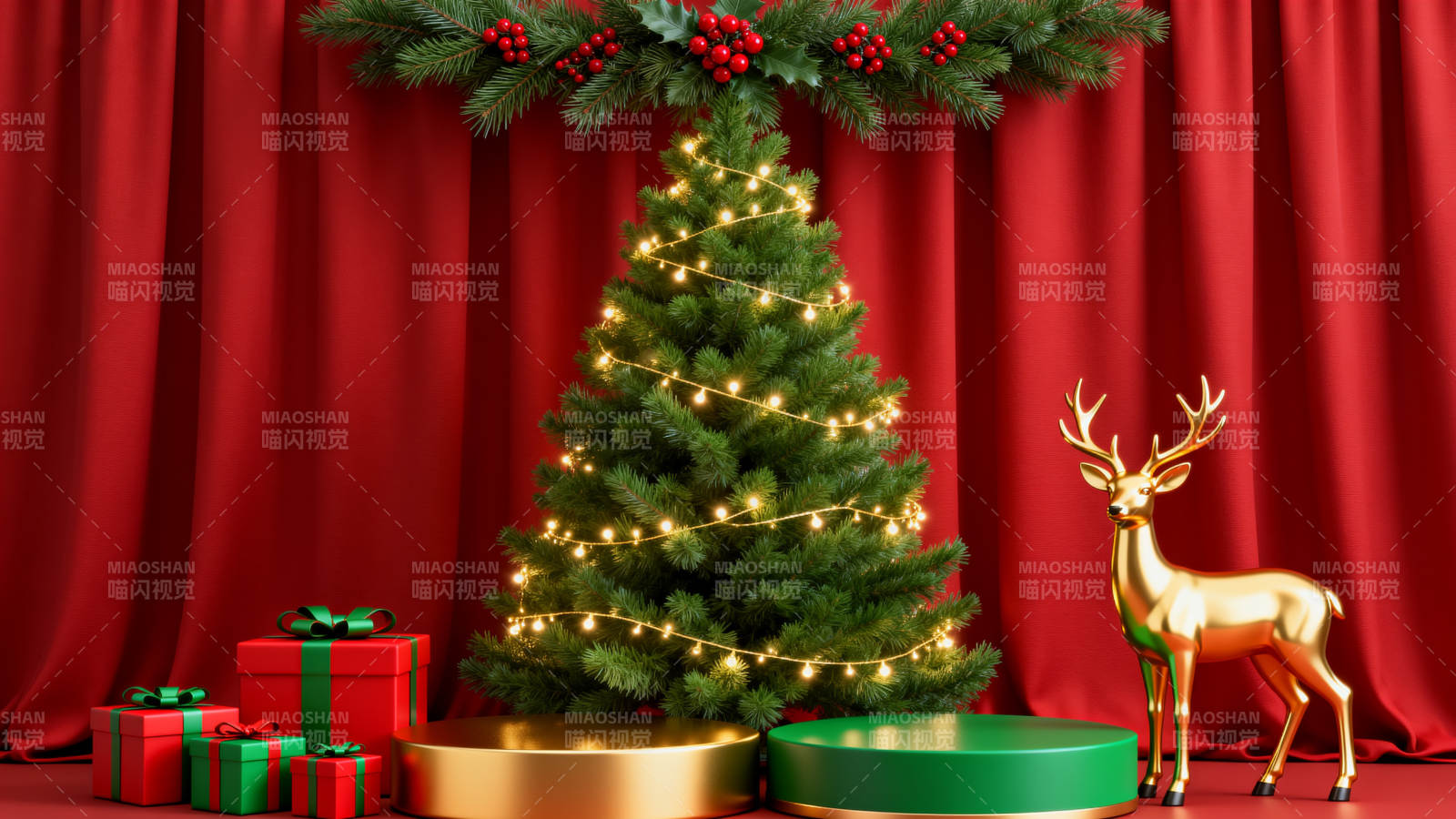 圣诞树与金色鹿的节日装饰图片