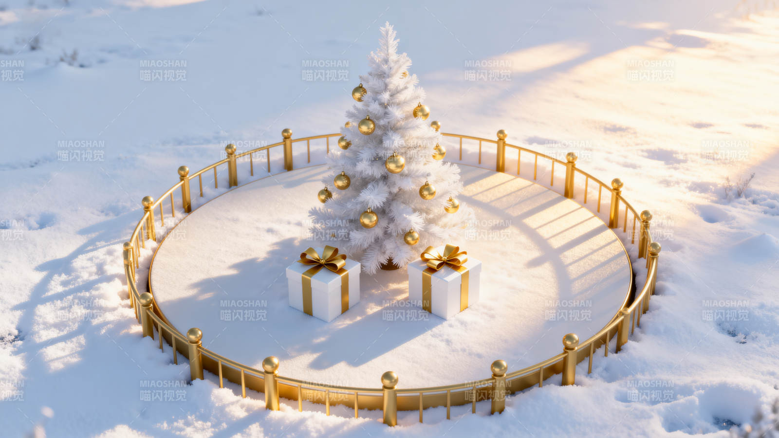 雪地圣诞树金色装饰图片