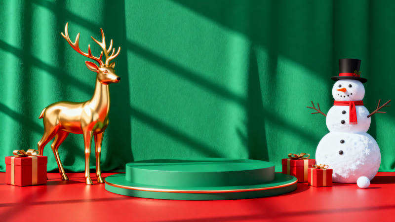 圣诞节金色麋鹿与雪人场景图片