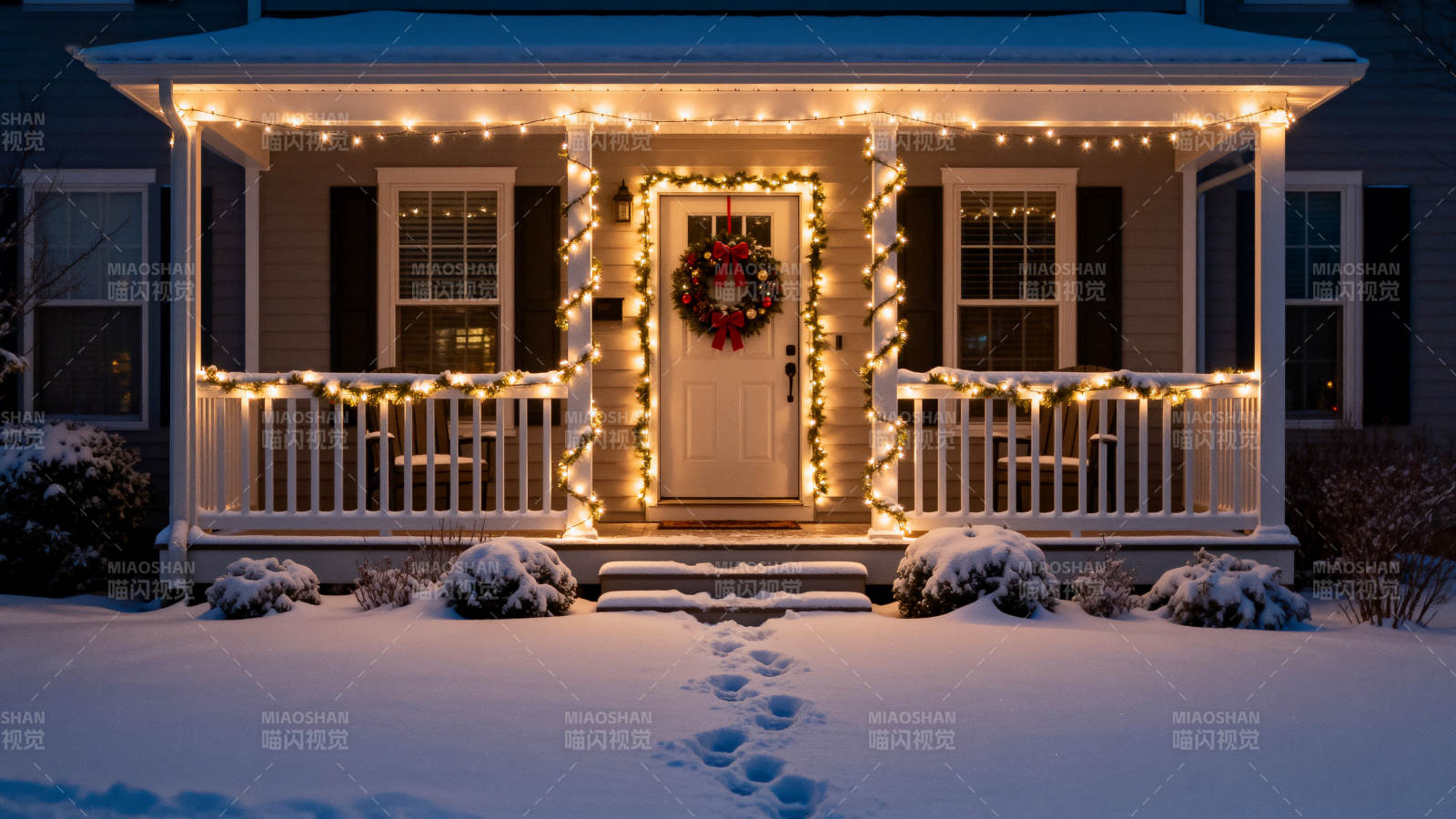 雪中圣诞前屋节日装饰图片