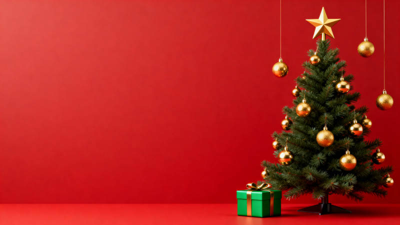 红色背景圣诞树节日装饰图片