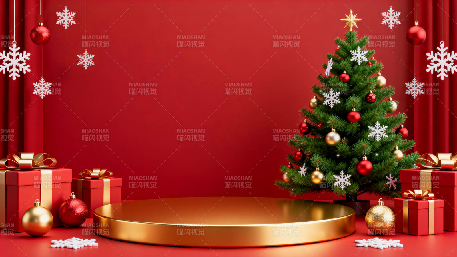 红色背景圣诞树与礼物图片