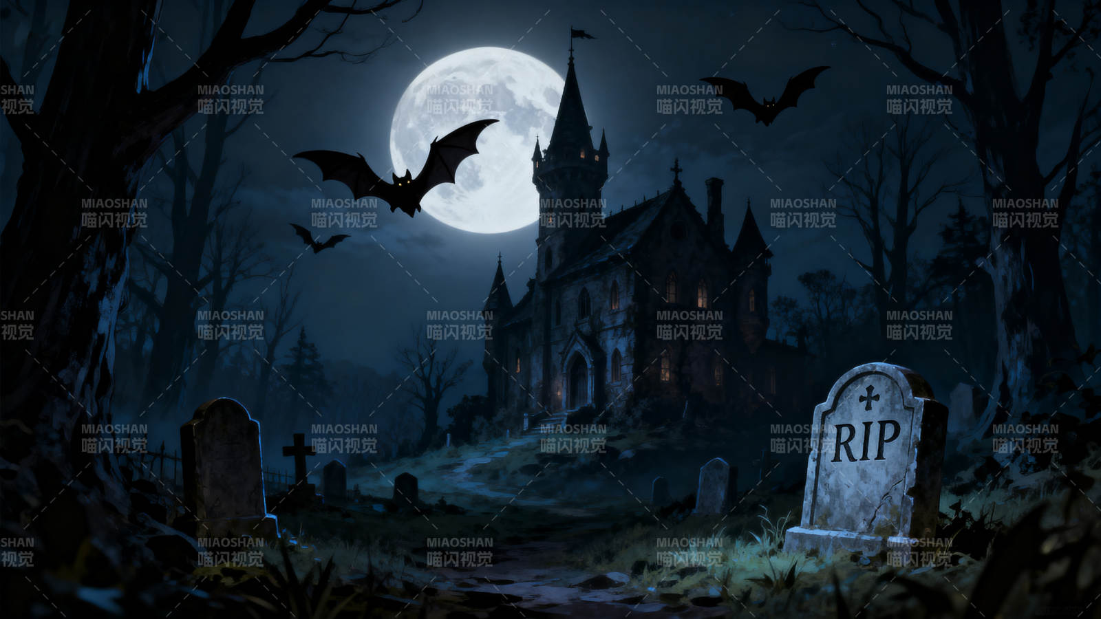 古堡夜色墓地蝙蝠图片