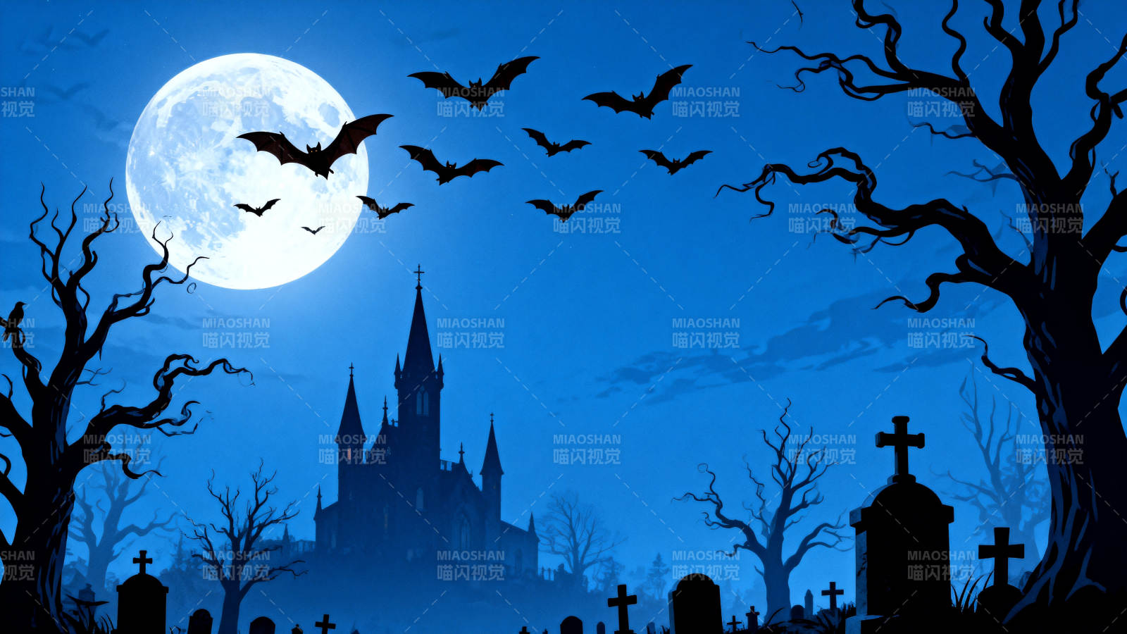 万圣节夜晚的古堡与墓地图片