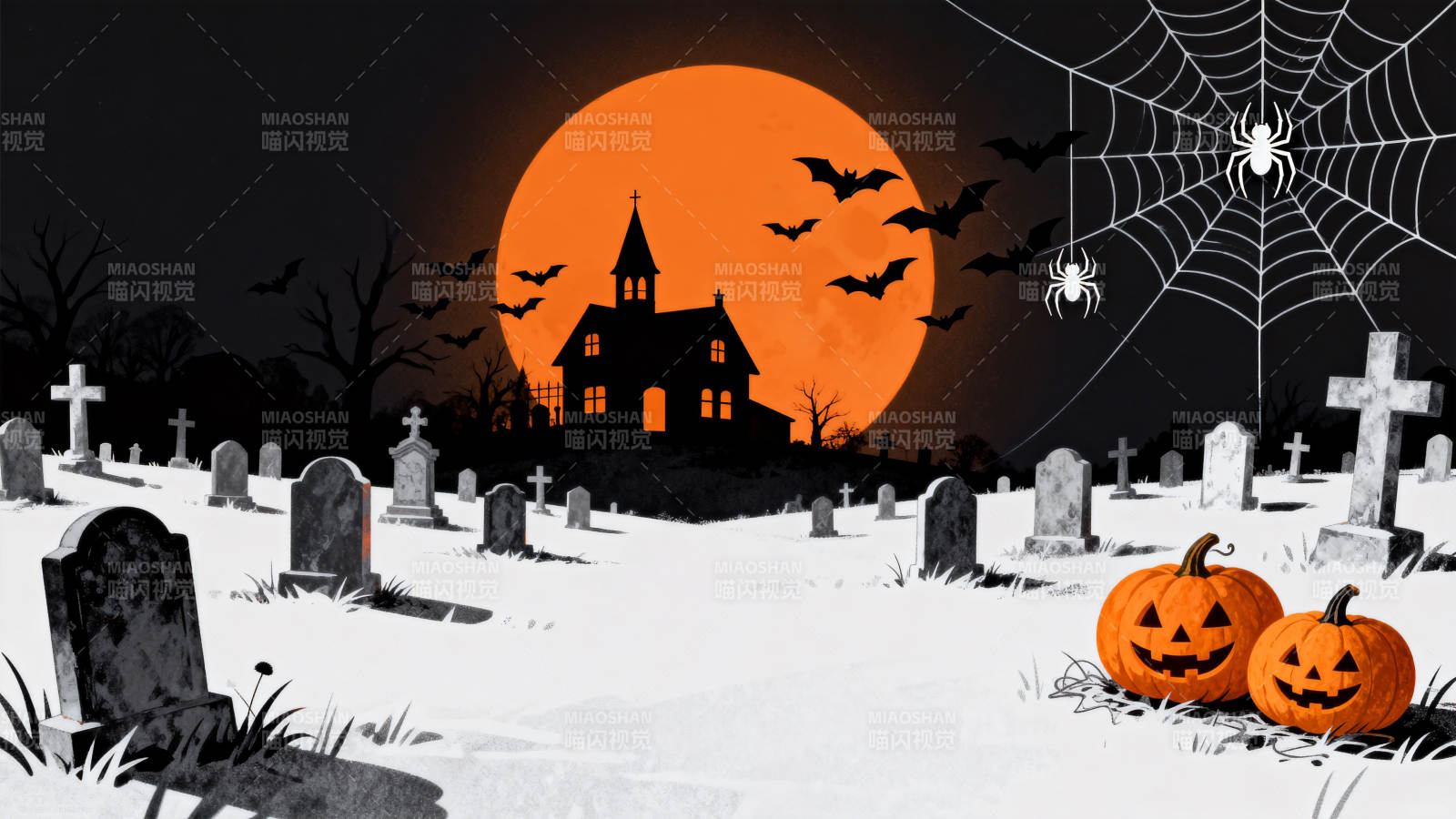 万圣节墓地南瓜与鬼屋图片