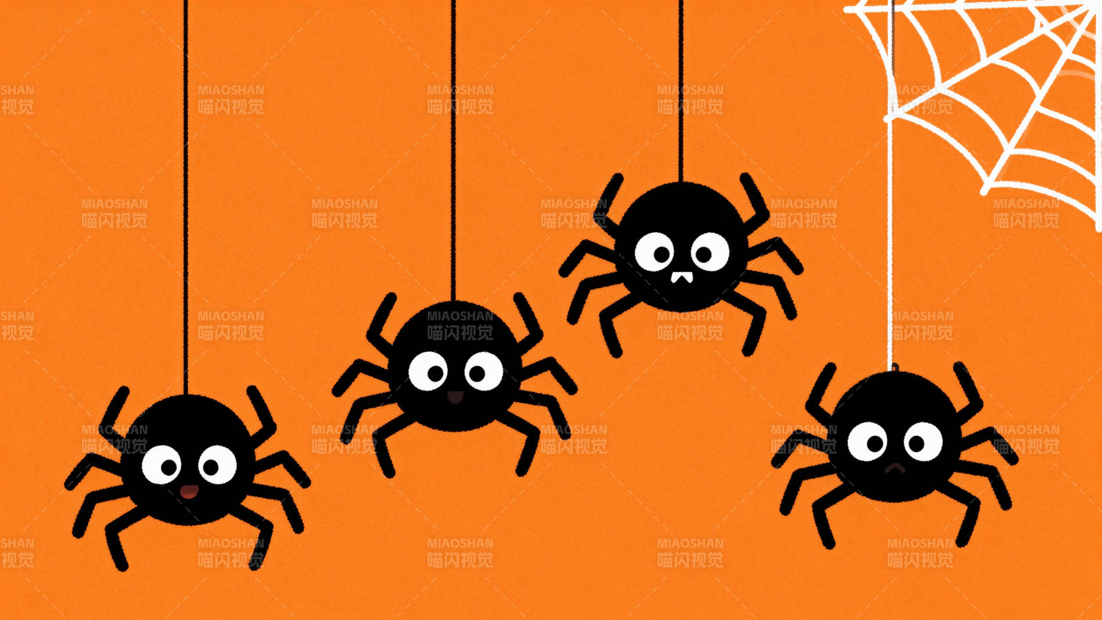 四只蜘蛛吊在橙色背景图片