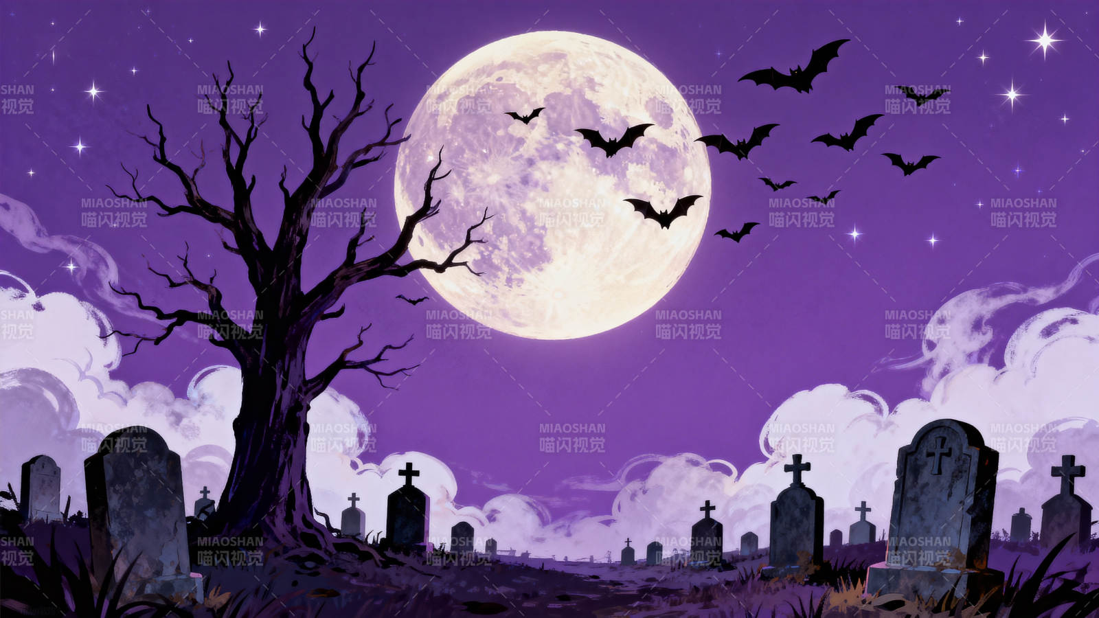 紫色月夜墓地场景图片