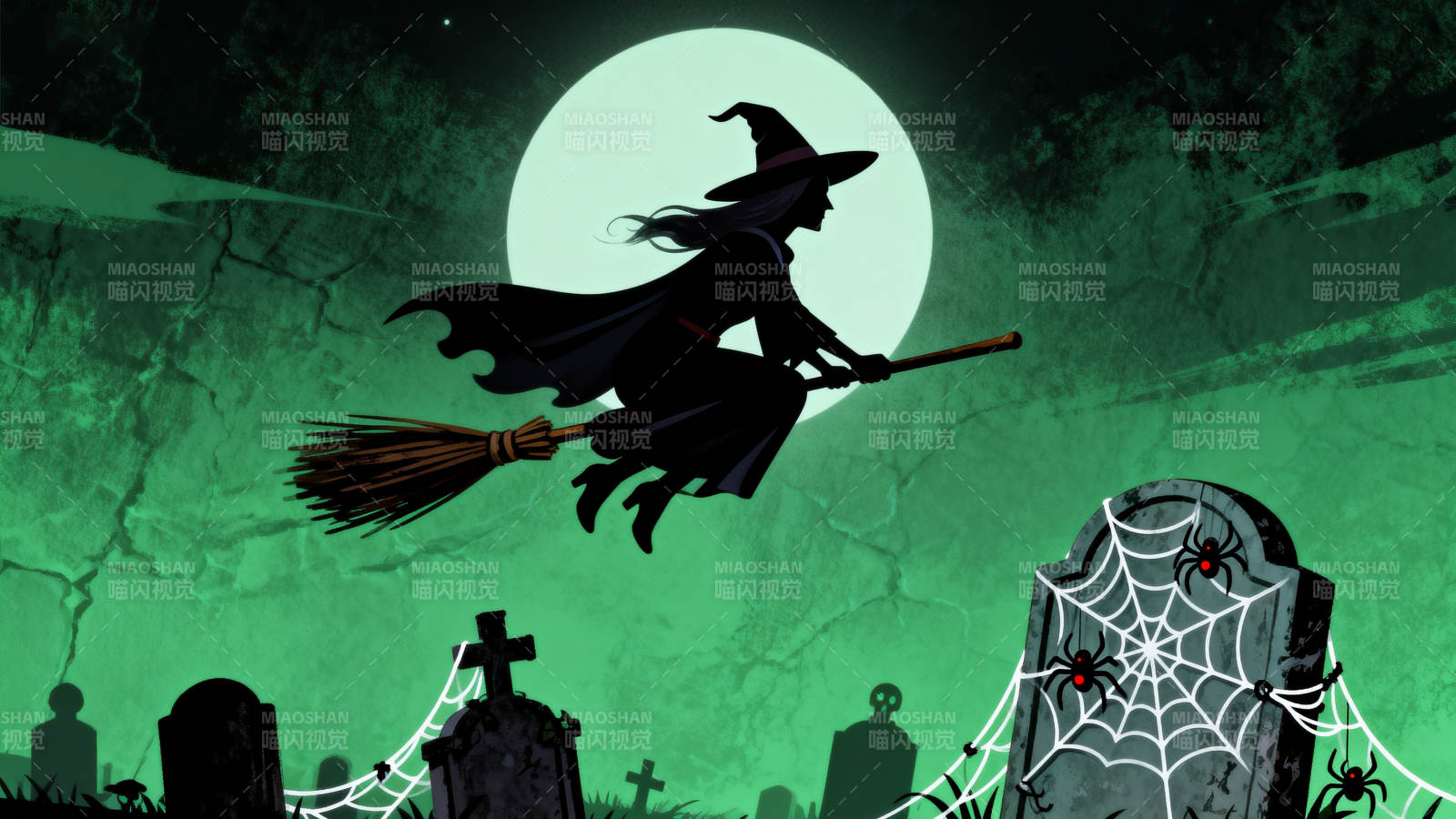 女巫骑扫帚飞越墓地图片