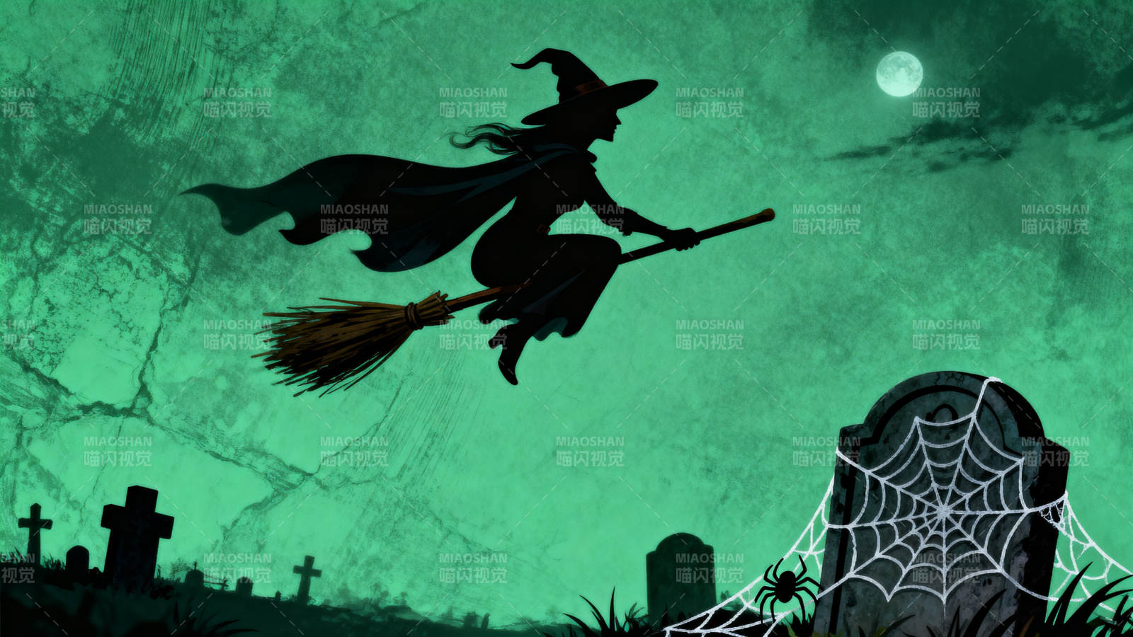 女巫骑扫帚飞越墓地图片