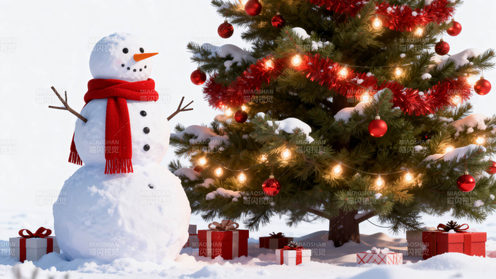 雪人与圣诞树的节日场景图片
