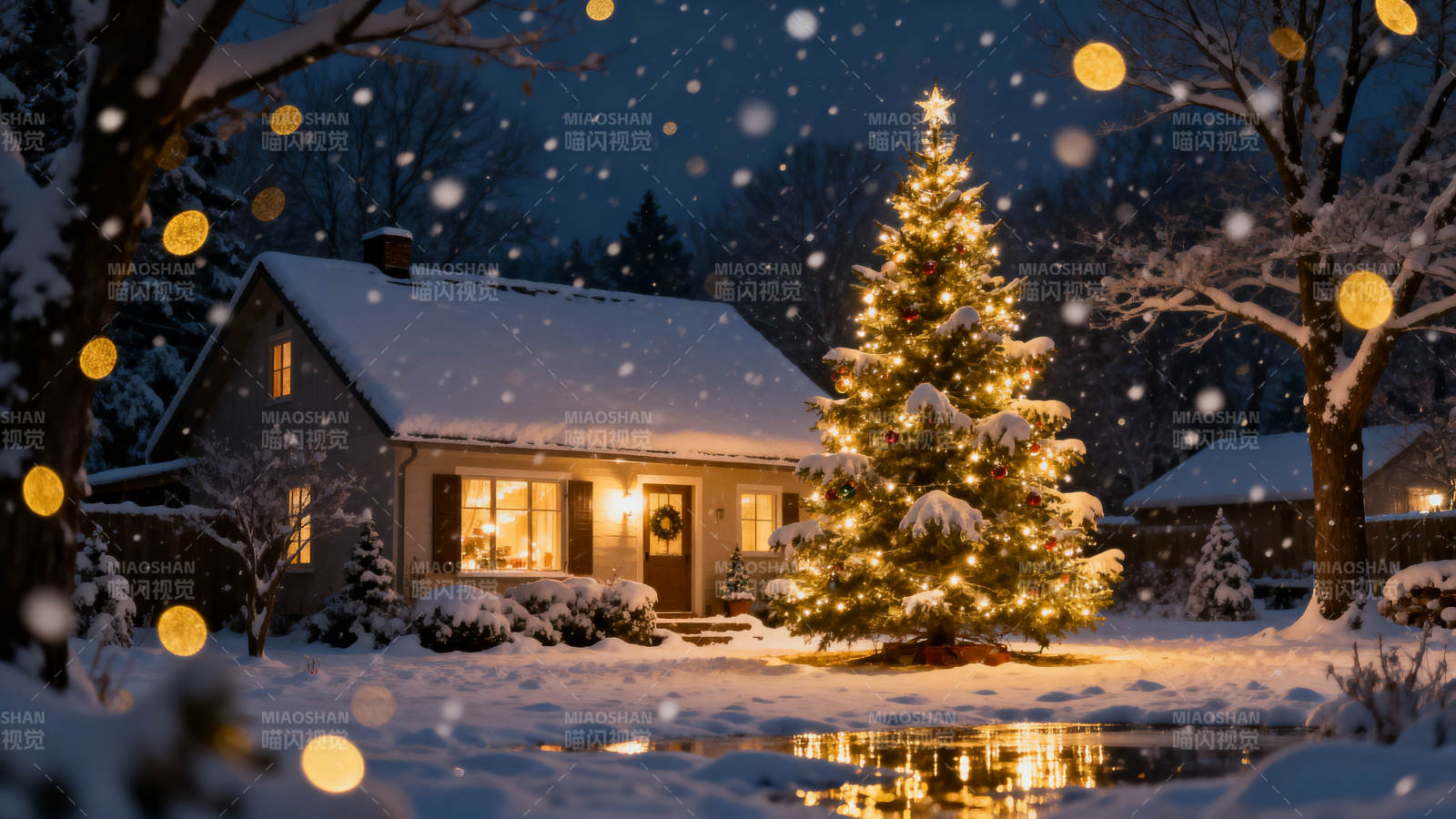 雪中圣诞树温暖小屋图片