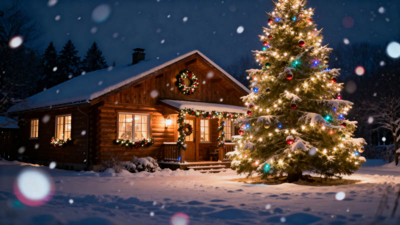 冬日圣诞小屋与圣诞树图片