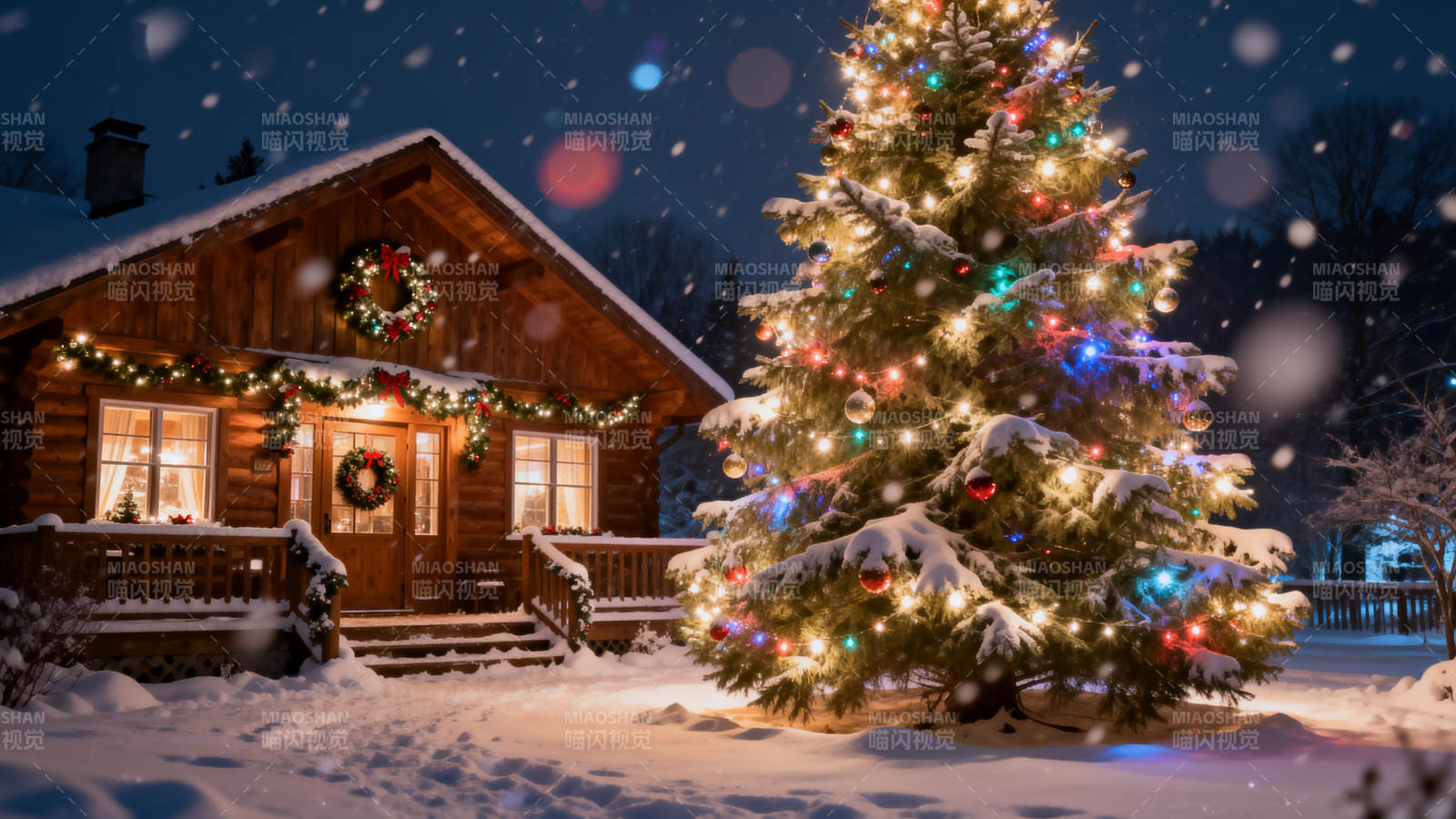 雪中圣诞树与木屋图片