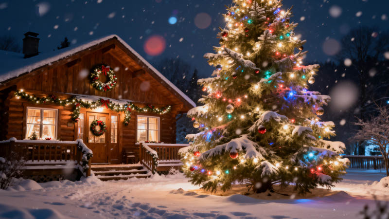 雪中圣诞树与木屋图片