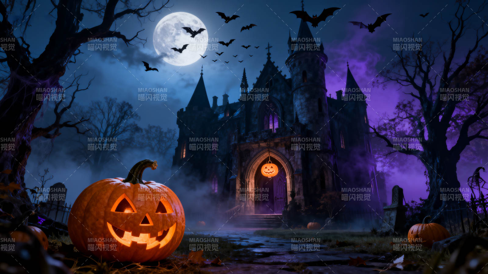 万圣节古堡南瓜灯图片